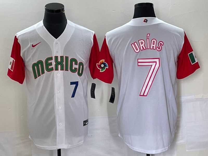 Mens Mexico Baseball #7 Julio Urias Number 2023 White Red World Classic Stitched Jersey 44->2023 world baseball classic->MLB Jersey